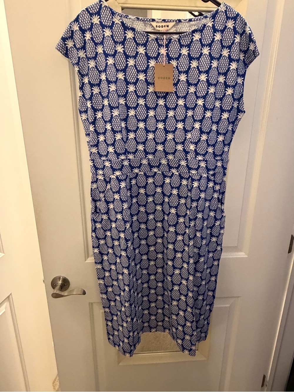 Boden Blue and White Pineapple-Print Midi Dress with Cap Sleeves: 12L